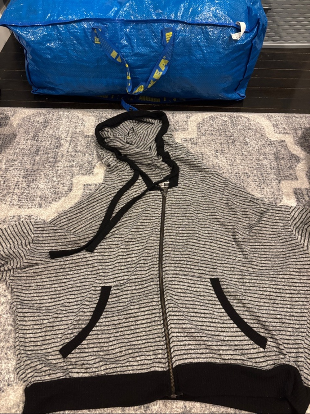 Dance & Marvel Gray and Black Striped Hooded Zip Pullover